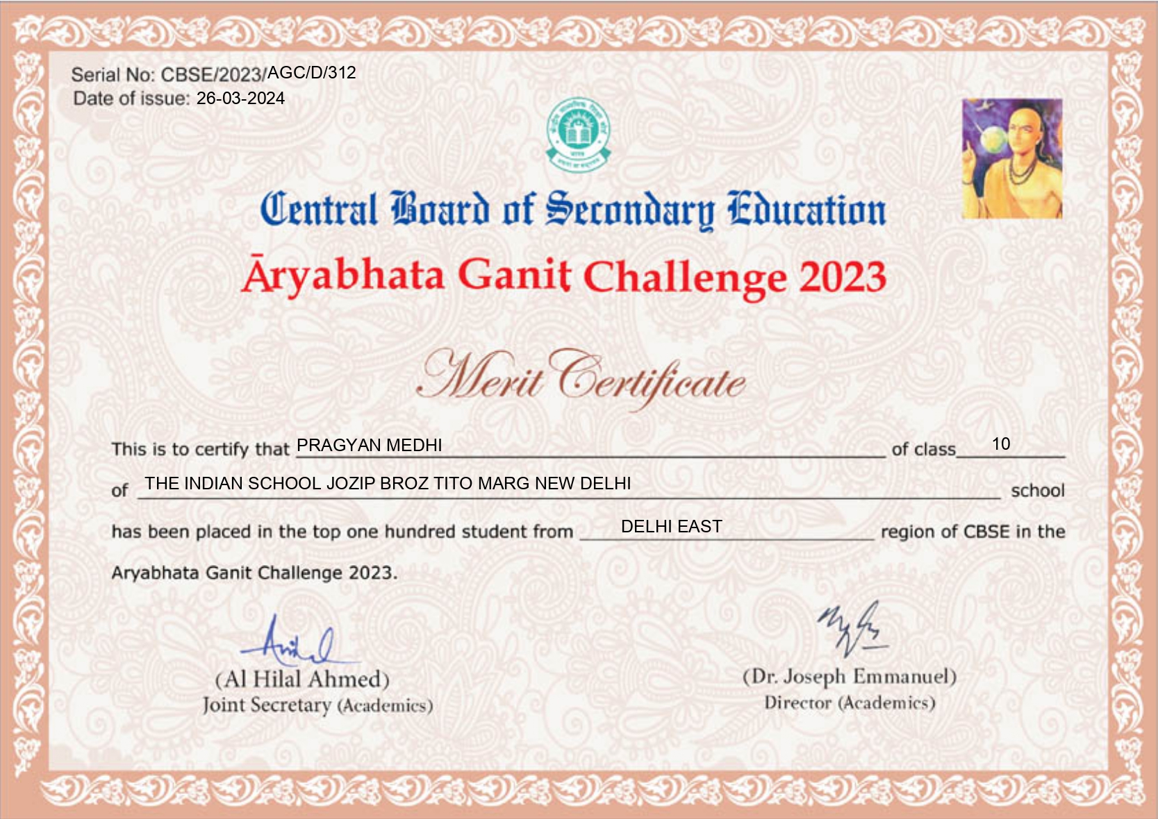 Honours at Aryabhata Ganit Challenge 2023
